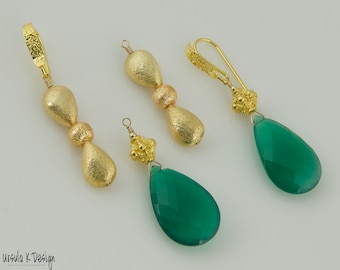 Two Pairs of Earrings Using Same Pair of Ear Wires. Fancy Green Onyx Pear Shaped Drop Earrings and Simple Brushed Gold Earrings