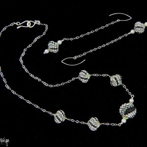 Sterling Silver Chain Necklace with Black & Clear Swarovski Crystal Pavés, Matching Earrings.Elegant Sparkly Swarovski Necklace and Earrings