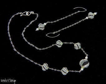 Sterling Silver Chain Necklace with Black & Clear Swarovski Crystal Pavés, Matching Earrings.Elegant Sparkly Swarovski Necklace and Earrings