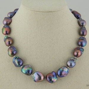 Baroque Pearl Necklace of Dark Blue and Copper/Purple Hues with Sterling Silver Accents. Gift for Special Occasion. Unique Necklace image 1