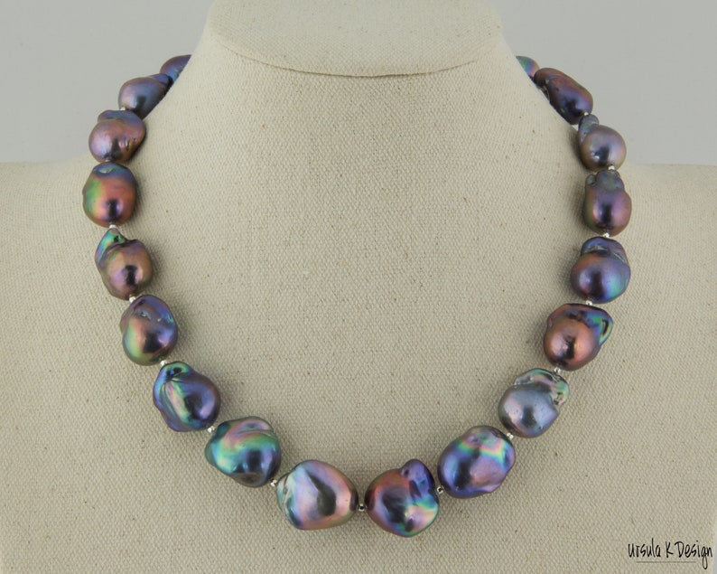 Baroque Pearl Necklace of Dark Blue and Copper/Purple Hues with Sterling Silver Accents. Gift for Special Occasion. Unique Necklace image 1