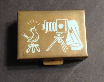 Vintage Gold Tone Photo Box, Blue Camera Bird Design