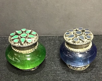 Mid-Century Glass Vanity Jars, Silver Plated Lids, Pair