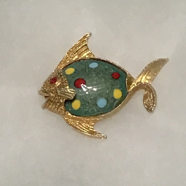 Signed JJ tropical fish brooch pin, gold tone and enamel with red rhinestone eye, bright colors.