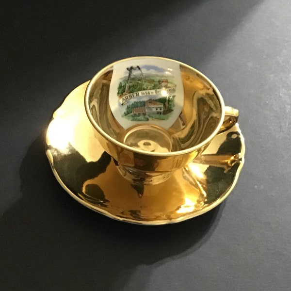 Tirschenreuth Bavaria souvenir 22K gold painted teacup and saucer depicting "Arber Bayer.Wald." ski resort area (Great Arber 1456m).