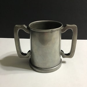 Antique loving cup tankard mug, two handles, plain pewter with glass bottom, Rowell Oxford, James Dixon and Sons, England.