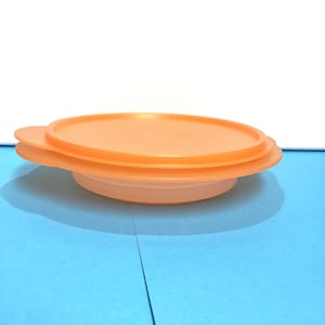 Vintage Tupperware Flat-Out storage bowl with lid, orange and clear; price is for ONE bowl and ONE lid, bowls 5455 A-5, lids 5455 A-4.