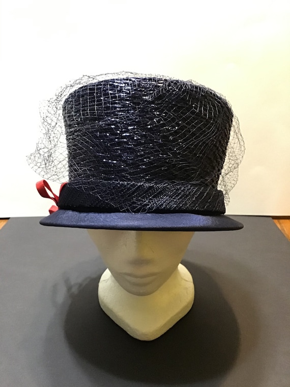 Vintage Doris Designed Navy Straw Hat with Netting, Red Bow, Doris Original Hatbox