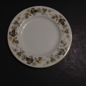 May include: A white ceramic plate with a gold rim and a floral design featuring brown and yellow leaves.