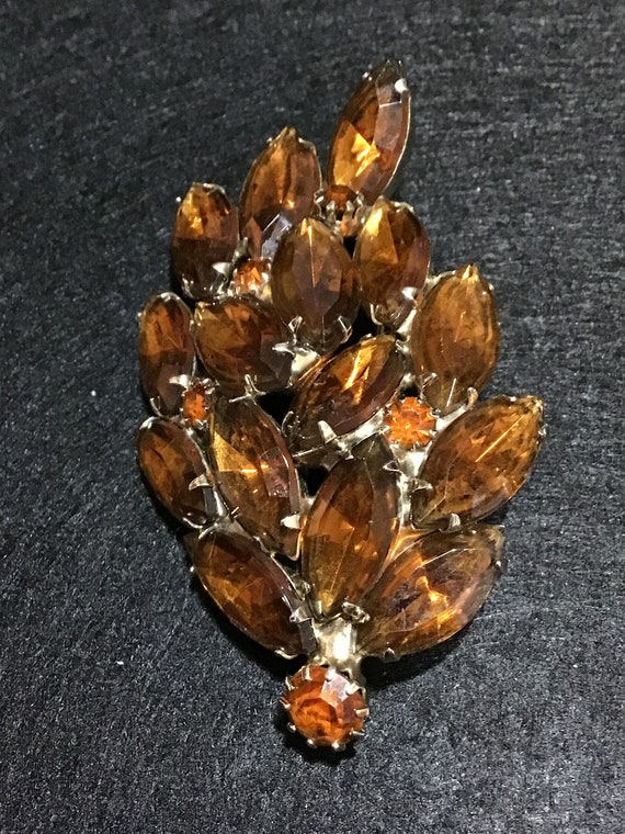 Signed Weiss brown topaz and amber rhinestone bro… - image 2