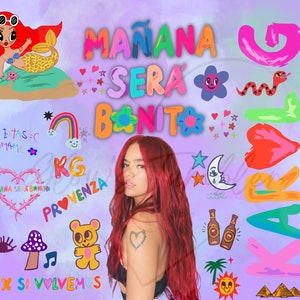 May include: A colorful illustration with the text "MAÑANA SERA BONITO" in a rainbow of colors. The illustration also features a mermaid, a rainbow, a heart, a star, a moon, a snake, a flower, and a bottle of wine. The illustration is set against a light purple background.