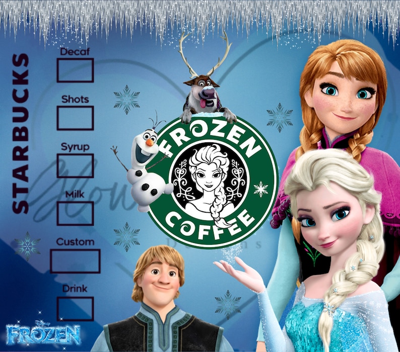 May include: A Starbucks-style coffee order form with a Frozen theme. The form has checkboxes for decaf, shots, syrup, milk, and custom. The form is decorated with images of Anna, Elsa, Olaf, and Sven from the movie Frozen. The form also includes a green circle with the words "Frozen Coffee" in white.