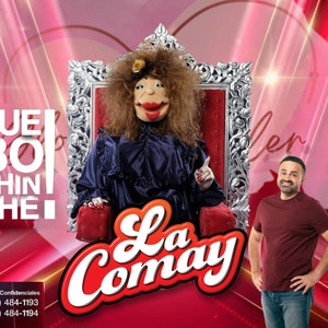 Puede incluir: Un logo rojo, blanco y amarillo con el texto "La Comay" en una fuente en negrita y estilizada. El logo está rodeado de un fondo rojo con una forma de corazón en la esquina superior izquierda. El texto "Que Bochinche" está en la esquina superior izquierda de la imagen. Dos números de teléfono están listados debajo del logo: (939) 484-1193 y (939) 484-1194.