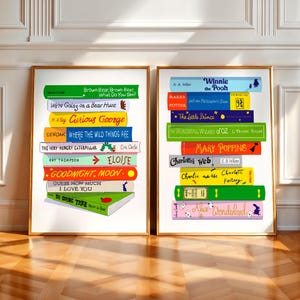 Ensemble coloré de 2 affiches de livre pour chambre d'enfant, art de livre pour enfants imprimable, lot de 2 impressions de pile de livres, art de livre pour enfants idéal comme décoration murale de salle de jeux