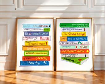Childrens Book Stack Print Set of 2: School Library Art, Classroom Wall Decor