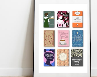 Jane Austen Book Cover Art Print: Classic Novels Printable Bookish Poster