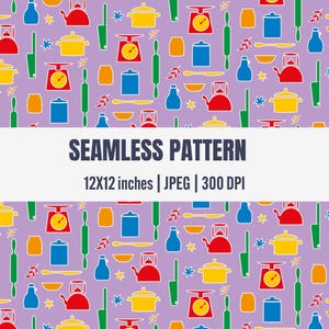 May include: Seamless pattern featuring kitchen tools like scales, pots, kettles, and rolling pins in red, yellow, blue, and green on a lavender background. The text "SEAMLESS PATTERN" is displayed above the dimensions 12x12 inches.