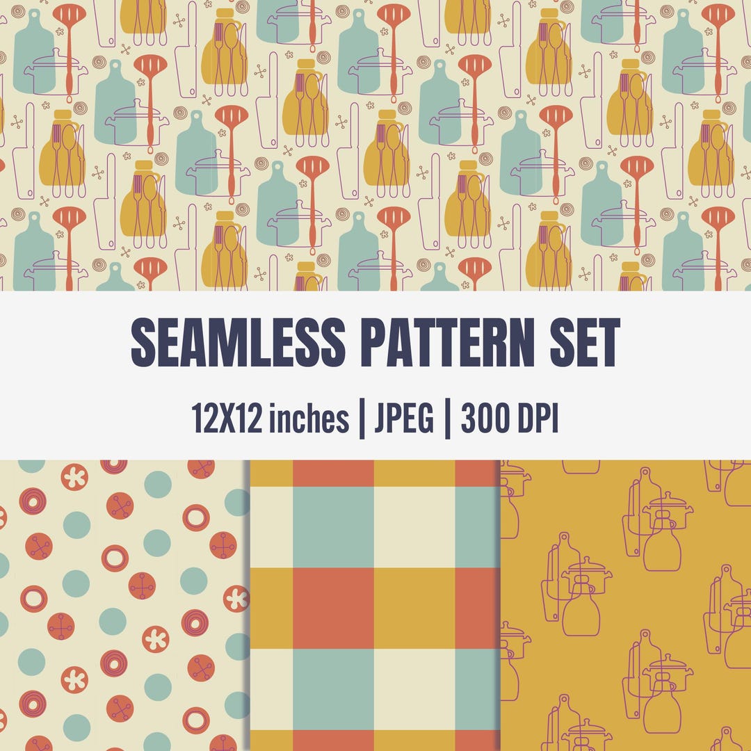 Kitchen Utensils Seamless Pattern Set, Hand-drawn Cooking Tools (12x12 ...