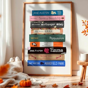 Jane Austen Buch Stapel Druck: Stolz und Vorurteil druckbare Wandkunst, Bücherwurm Dekor