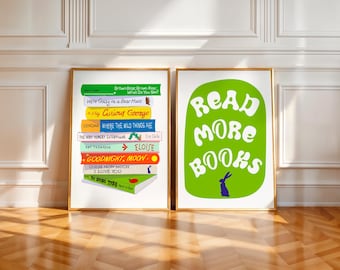 Elementary Library Print Set of 2: Kids Book Stack Wall Art, Classroom Posters