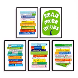 May include: Five framed art prints featuring colorful book stacks and the text "Read More Books." Titles include "Matilda," "The Cat in the Hat," and "Goodnight Moon." The prints are in black frames, perfect for a children's room or library.