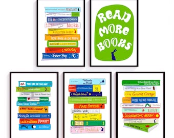 Set med 5 posters för klassrumsbiblioteket: Väggkonst med barnbokstavlor, boktryck för barn