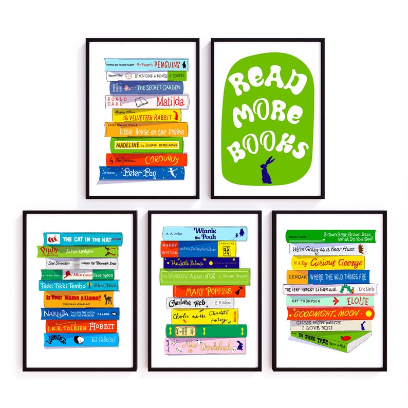 Classroom Library Set of 5 Posters: Childrens Book Stack Wall Art, Kids ...