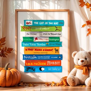 Printable nursery book art, Childrens book stack wall art, Kids literature poster, Classroom reading art, Childrens literary wall decor