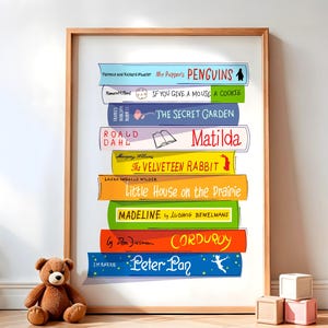 Art coloré de livre pour enfants, impression de pile de livres pour enfants, affiche de lecture en classe, art mural de littérature pour enfants, mignon comme décoration murale de chambre d'enfant