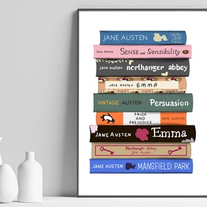 Jane Austen book stack print - Printable book cover wall art - Gift for book lover - Book stack decor for bookshelf or reading room