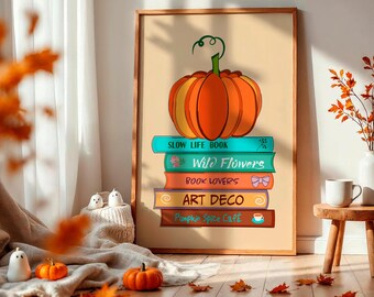 Impresión de Halloween con temática de libros: Pila de calabazas, arte mural para rincón de lectura otoñal