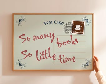 Impresión de postal vintage de libros: decoración retro de club de lectura, arte mural con cita "So Many Books"
