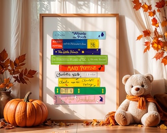 Childrens Book Stack Print: Classic Literature Poster, Kids Room Wall Art
