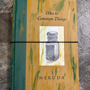 May include: A handmade book titled "Odes to Common Things" by Neruda. The cover is painted with green and yellow brushstrokes and features a drawing of a salt shaker. A black elastic band holds the book closed.