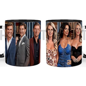 May include: A black and white ceramic mug with a color image of six people. The mug has a black handle and a white interior. The image shows three men and three women. The men are wearing suits and the women are wearing dresses. The image is a scene from a television show.