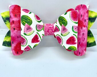 Watermelon hair bow, summer hair bow, church hair bow, birthday gift, toddler hair bow, pink hair bow, faux leather hair bow, scalloped edge