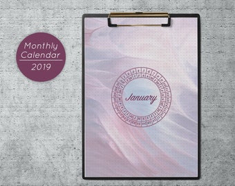 Printable 2019 Monthly Calendar, Letter Size (8.5x11in) Bullet Journal-Style Pages, 12 JPEG Files, Instant Download, Unique Colorful Prints