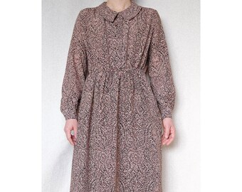 Long sleeve abstract patterned dress / Japanese Vintage / Retro / Collared dress / Zipper / Button / Size XS-S