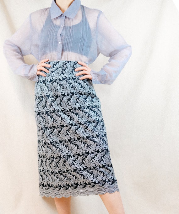 Silver grey and black embroidered mesh skirt / Ja… - image 4