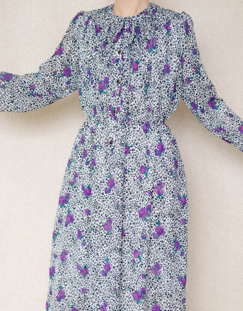 Black and white dress with abstract prints and florals Japanese Vintage Floral dress Polka dot dress Long sleeves Size S-M