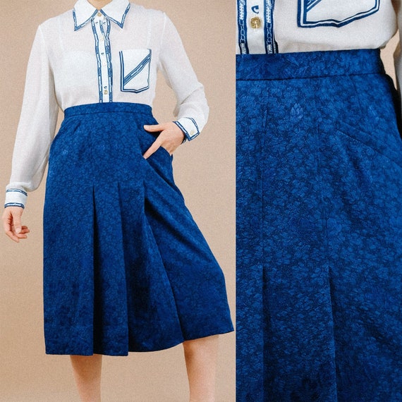 Royal blue textured floral skirt / Japanese Vinta… - image 1