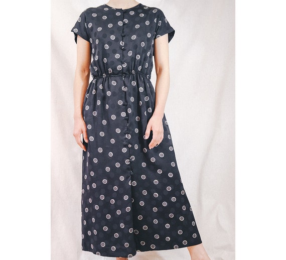 Black and white dress with abstract prints and florals Japanese Vintage Floral dress Polka dot dress Long sleeves Size S-M