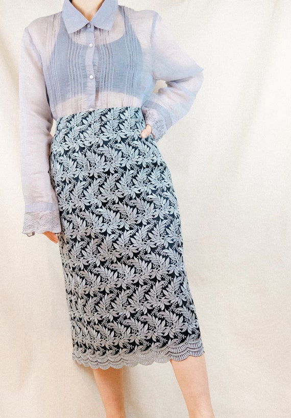 Silver grey and black embroidered mesh skirt / Ja… - image 3