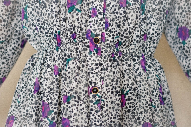 Black and white dress with abstract prints and florals Japanese Vintage Floral dress Polka dot dress Long sleeves Size S-M