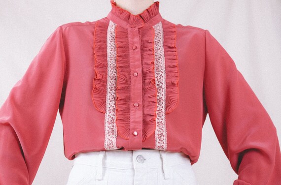 Raspberry ruffled long sleeved blouse floral lace… - image 2