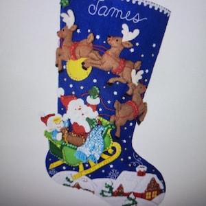 May include: A blue Christmas stocking with a red loop, featuring Santa Claus in a sleigh pulled by reindeer. The stocking has the name "James" embroidered on it, with a snowy village scene at the bottom.