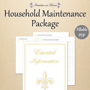 K&ouml;nnte beinhalten: Ein druckbares Haushaltswartungspaket mit einem goldenen Fleur-de-lis-Design. Das Paket enth&auml;lt eine Checkliste, wichtige Informationen und einen Bereich f&uuml;r Kundenservice und Support. Der Text "Fillable PDF" befindet sich in einem wei&szlig;en Feld mit grauem Rand.
