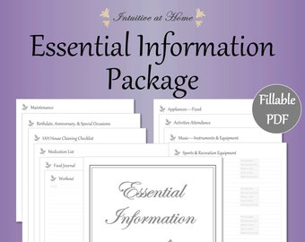 May include: A printable set of essential information forms, including a house cleaning checklist, medication list, food journal, workout log, appliance list, activities attendance, music instruments and equipment, and sports and recreation equipment. The forms are designed with a simple, minimalist aesthetic and feature a leaf motif.