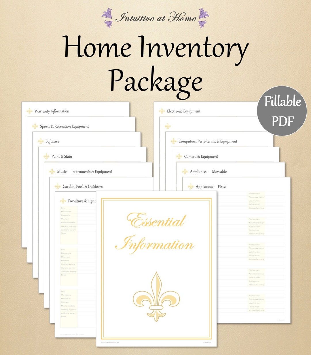 Household Inventory Package – Gold, Editable, Fillable, Home Management ...