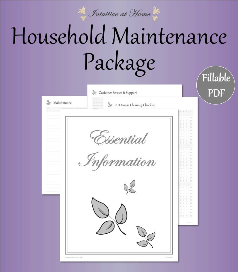 May include: A printable household maintenance package with a checklist, essential information, and a customer service and support section. The document is a fillable PDF.